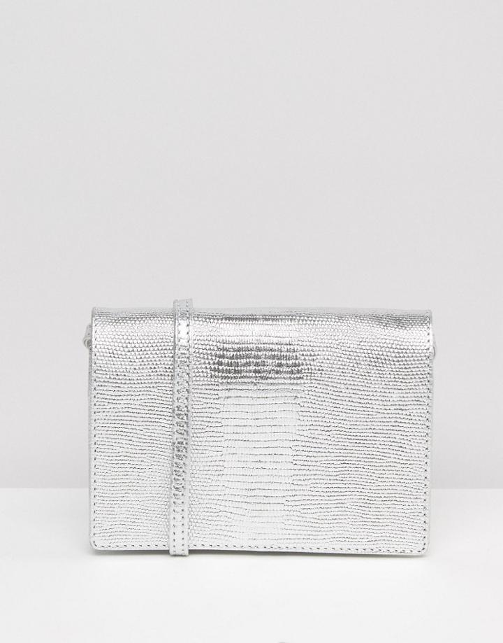 Asos Leather Metallic Snake Embossed Cross Body Bag - Silver