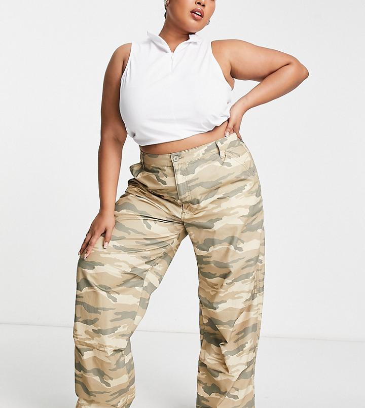 Asos Design Curve Slouchy Cargo Pants In Brown Camo-multi