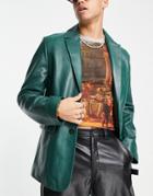 Asos Design Real Leather Blazer In Green