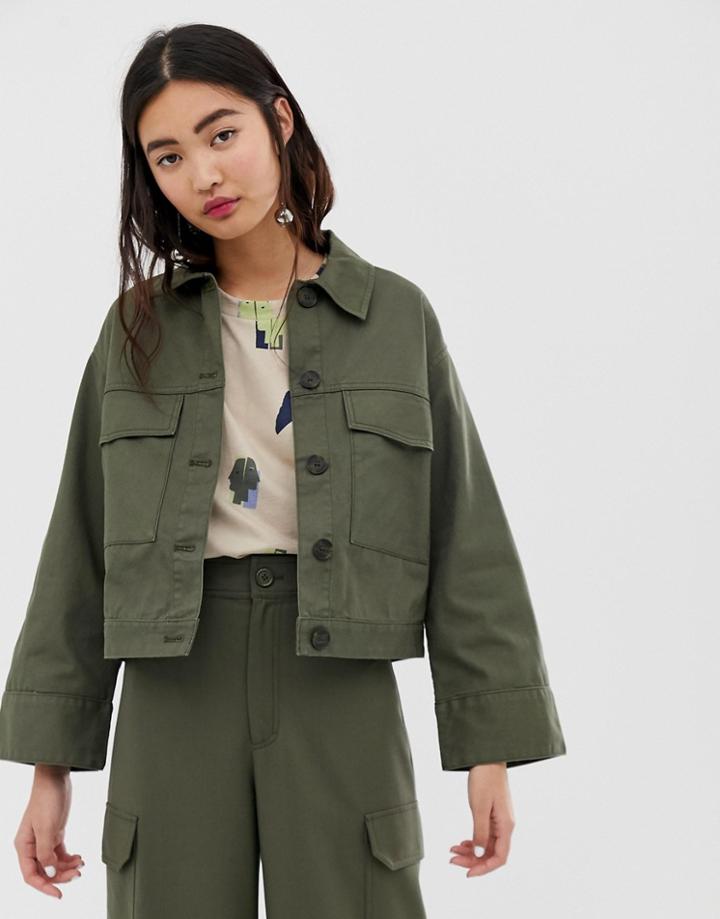 Monki Cropped Utility Jacket In Khaki-green
