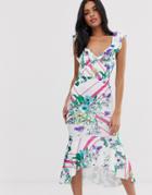 Asos Design Floral Grid Stripe Ruffle Bodycon Midi Dress - Multi
