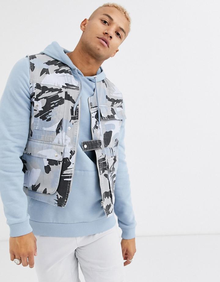Asos Design Denim Vest In Gray Camo