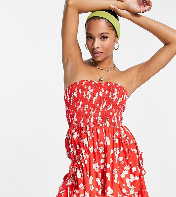 Asos Design Petite Crinkle Rayon Strapless Slouchy Romper In Red Ditsy Daisy