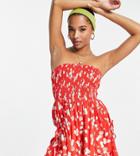 Asos Design Petite Crinkle Rayon Strapless Slouchy Romper In Red Ditsy Daisy