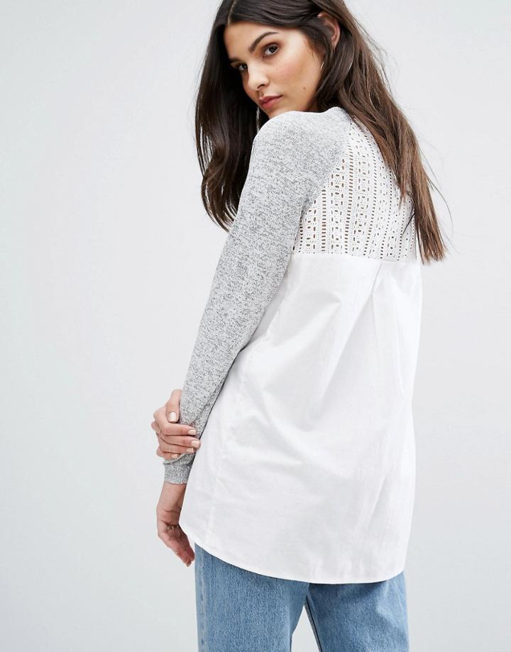 Warehouse Mixed Fabric Lace Sweater - Gray