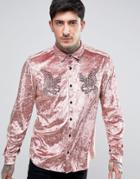 Asos Regular Fit Shirt In Velvet With Embroidery - Pink