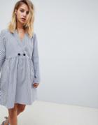 Asos Design Cotton Smock Mini Dress With Long Sleeves In Shirting Stripe-multi