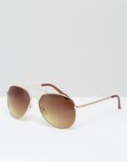 Asos Aviator Sunglasses In Gold With Nose Bar - Gold