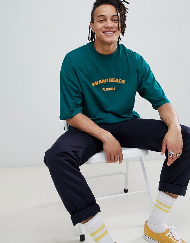 Asos Design Oversized T-shirt With Miami Beach Print - Green