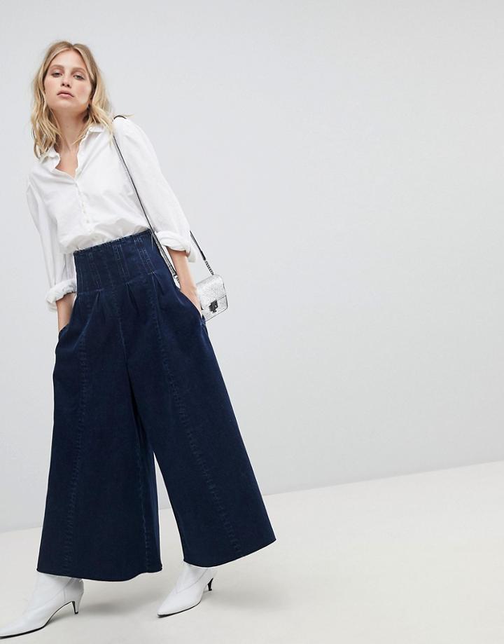 Asos Design Wide Leg Jeans With Corset Waist Detail-blue