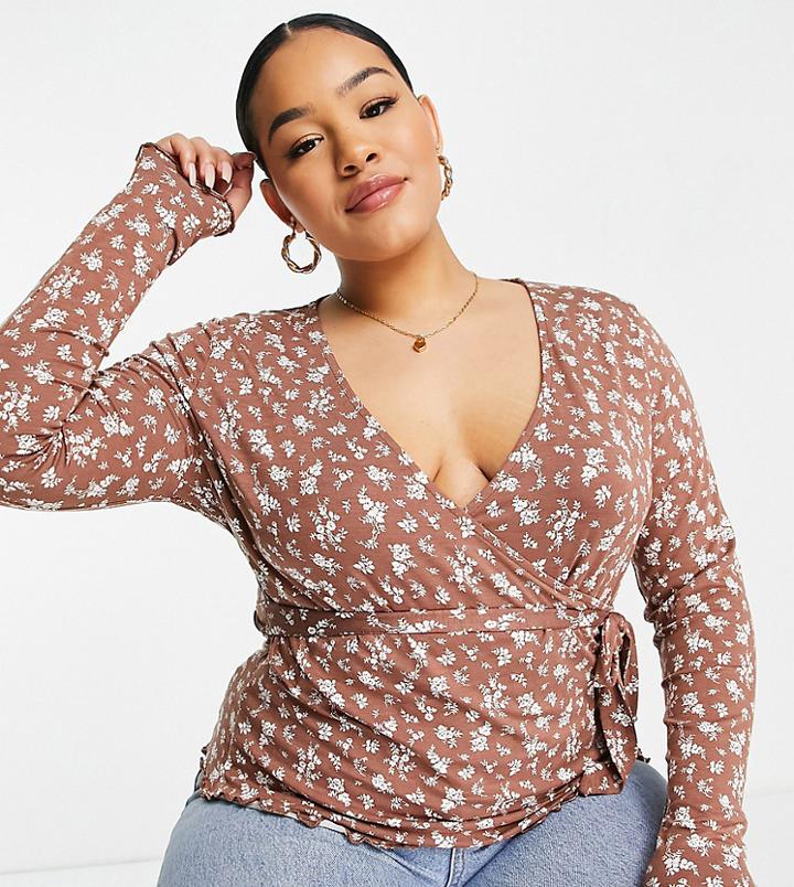 Asos Design Curve Long Sleeve Wrap Top In Ditsy Print-multi
