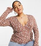 Asos Design Curve Long Sleeve Wrap Top In Ditsy Print-multi