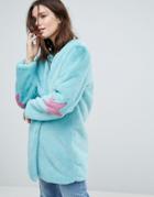 Jayley Collarless Star Patch Faux Fur Jacket - Blue