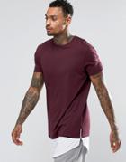 Asos Super Longline T-shirt With Curved Hem Extender And Side Zips In Oxblood - Oxblood