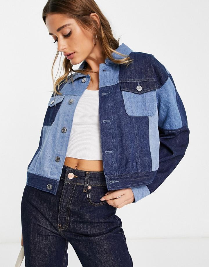 French Connection Patchwork Cropped Denim Jacket In Mid Blue Wash - Part Of A Set