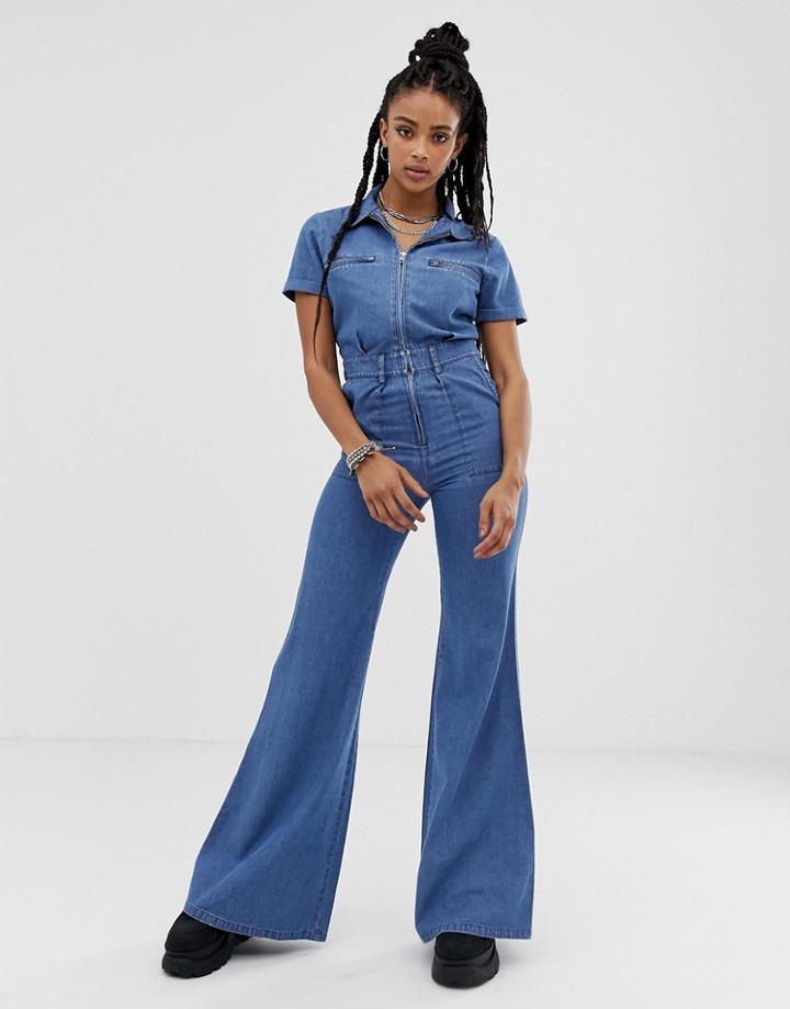 Sacred Hawk Denim 70's Flared Jumpsuit-blue