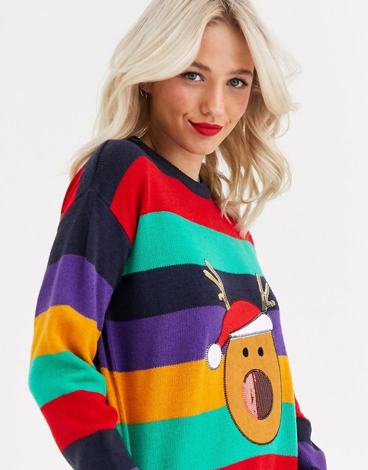 Brave Soul Reindeer Christmas Sweater In Stripe With Sequin Detail-multi