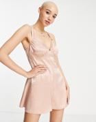 Asos Design 90s Satin Strappy Jacquard Romper In Blush-pink