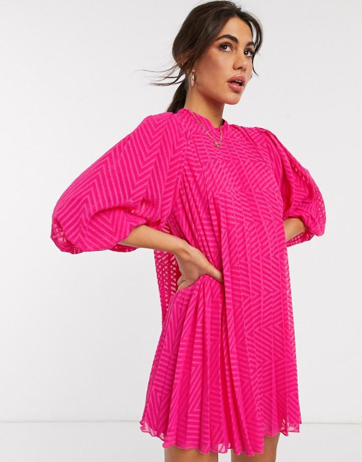 Asos Design Pleated Trapeze Mini Dress With Puff Sleeves In Dobby In Hot Pink