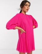 Asos Design Pleated Trapeze Mini Dress With Puff Sleeves In Dobby In Hot Pink