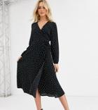 New Look Long Sleeve Wrap Midi Dress In Black Polka Dot