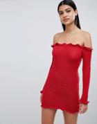 Lasula Knitted Frill Mini Bodycon Dress In Red - Red