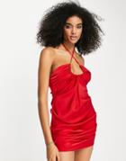 Asos Design Halter Satin Ruched Scoop Mini Dress-red