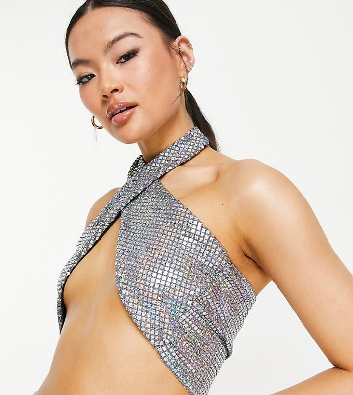 Asyou Cross Front Halter Top In Holographic Sequin-gold