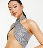 Asyou Cross Front Halter Top In Holographic Sequin-gold
