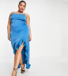 Lola May Plus Satin Midi Dress With Asymmetric Frill Hem In Teal-blue