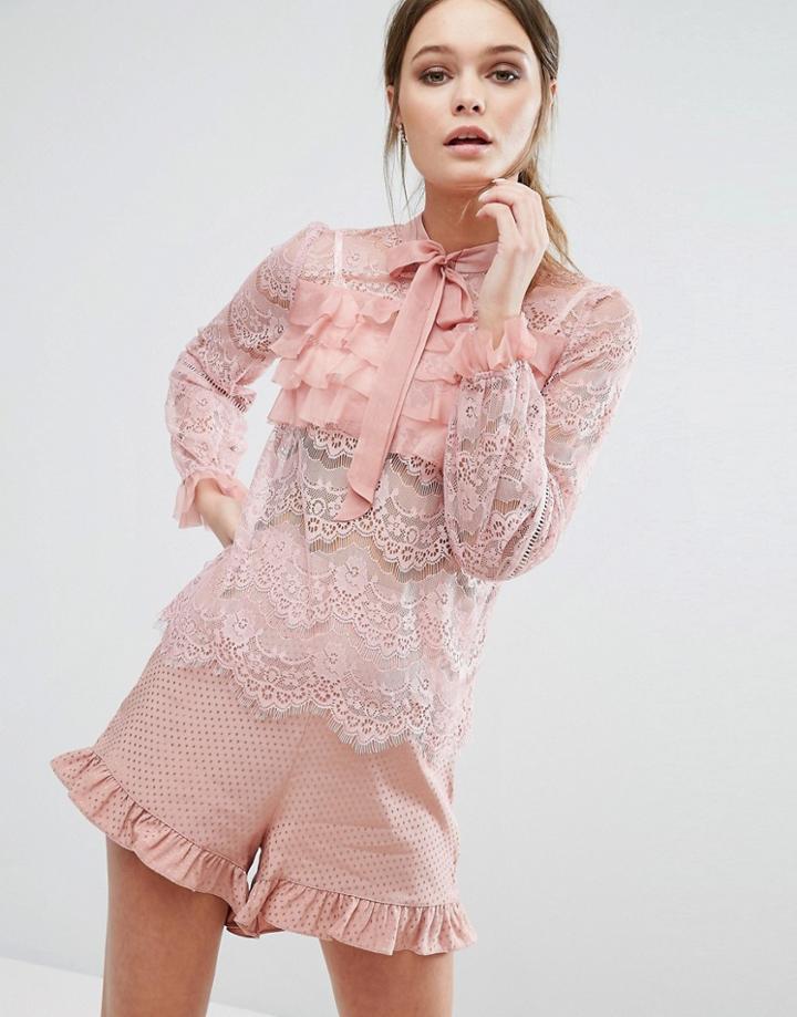True Decadence Lace All Over Ruffle Blouse - Pink