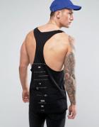 Asos Longline Tank With Text Spine Print And Raw Edge Extreme Racer Back - Black