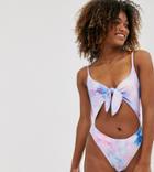 Unique21 Tie Dye Scallop Tie Front Swimsuit - Multi