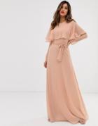 Asos Design Long Sleeve Cape Back Maxi Dress With Tie Waist-pink