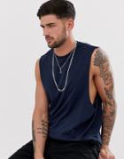 Asos Design Organic Relaxed Sleeveless T-shirt With Dropped Armhole In Navy - Navy