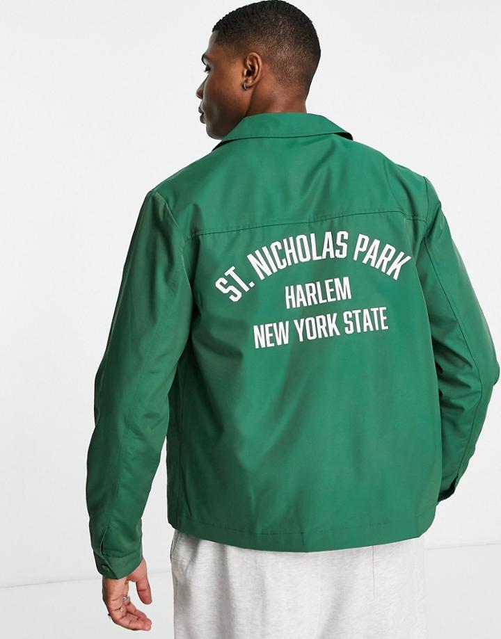 Asos Design Lightweight Varsity Nylon Coach Jacket In Green With Back Print