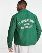Asos Design Lightweight Varsity Nylon Coach Jacket In Green With Back Print