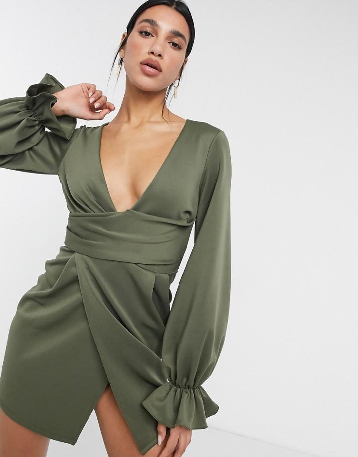 Asos Design Wrap Plunge Mini Dress With Flute Sleeve In Khaki-green