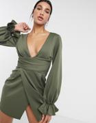 Asos Design Wrap Plunge Mini Dress With Flute Sleeve In Khaki-green