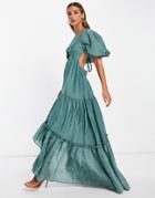 Asos Design Puff Sleeve Tiered Voile Maxi Dress With Lace Up Back In Sage-green