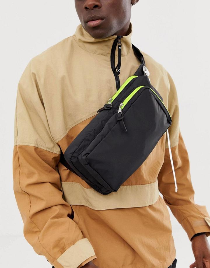 Asos Design Cross Body Fanny Pack In Black With Neon And Front Taping Detail
