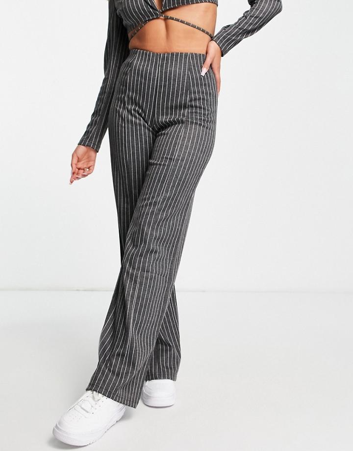 Asos Design Jersey Suit Wide Leg Pant In Gray Pinstripe-grey