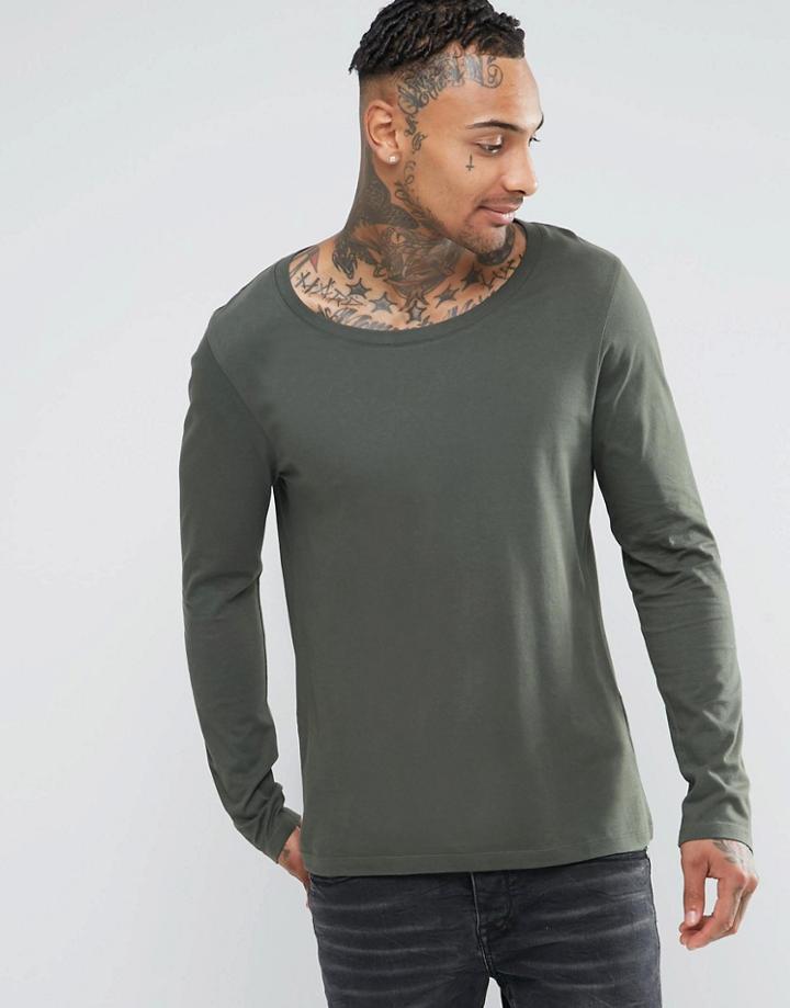 Asos Long Sleeve T-shirt With Scoop Neck In Green - Green