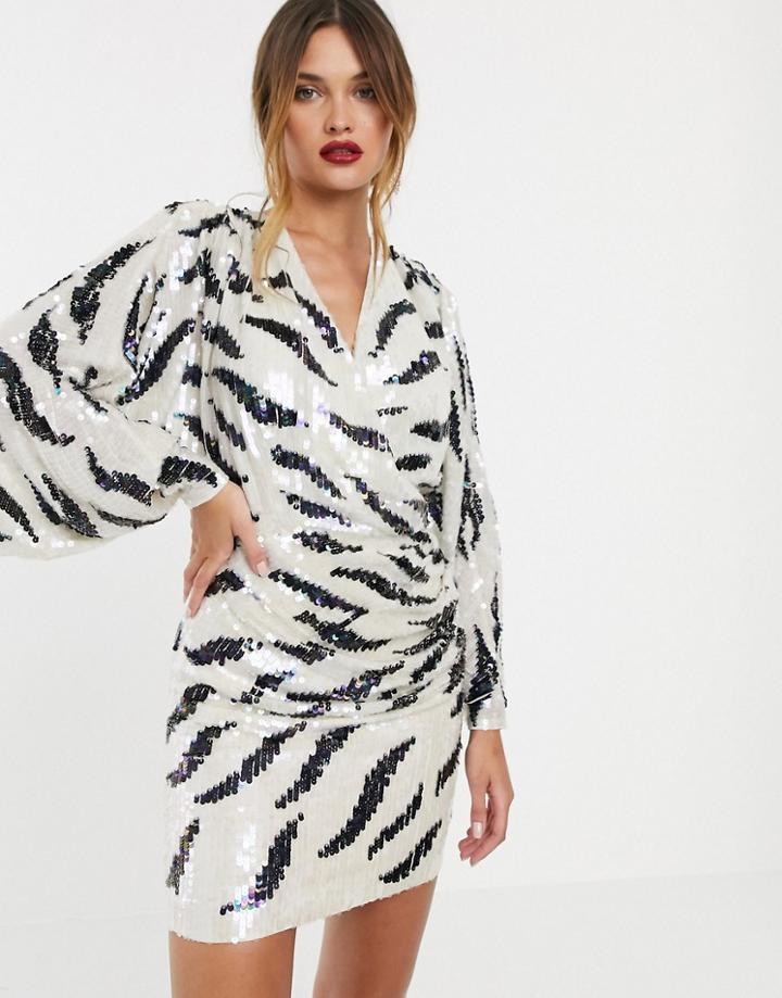 Asos Edition Batwing Drape Mini Cocktail Dress In Animal Sequin-multi