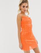 Club L London Sequin Cowl Front Mini Bodycon Dress In Neon Orange - Orange