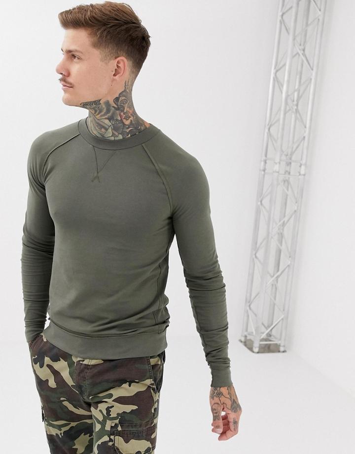 Asos Design Muscle Sweatshirt With Raw Edge Seam Detail In Khaki - Green