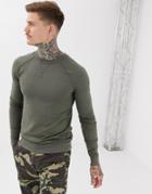 Asos Design Muscle Sweatshirt With Raw Edge Seam Detail In Khaki - Green