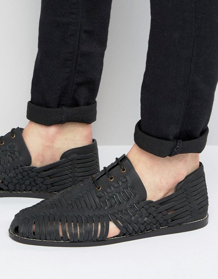 Asos Woven Lace Up Sandals In Black Nubuck Leather - Black