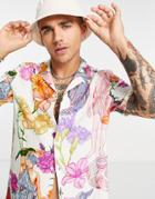 Topman Linen Shirt With Greek Floral Print In White