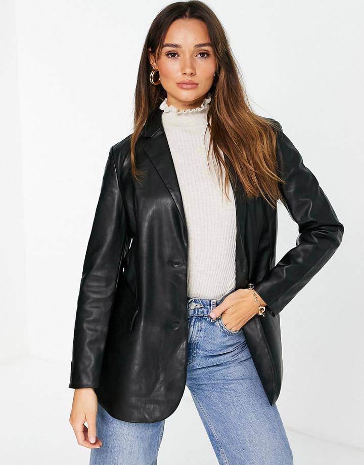 Vila Leather Look Blazer In Black